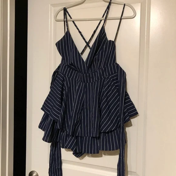Lulu’s Ruffle and Flow Navy Blue Striped Backless Ruffle Romper - Picture 6 of 10
